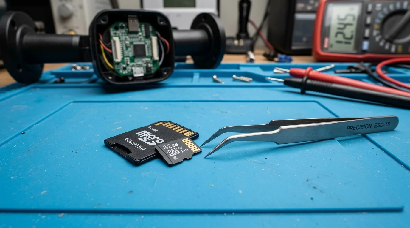 Cartão MicroSD desgastado com setores corrompidos em bancada de assistência técnica de CFTV