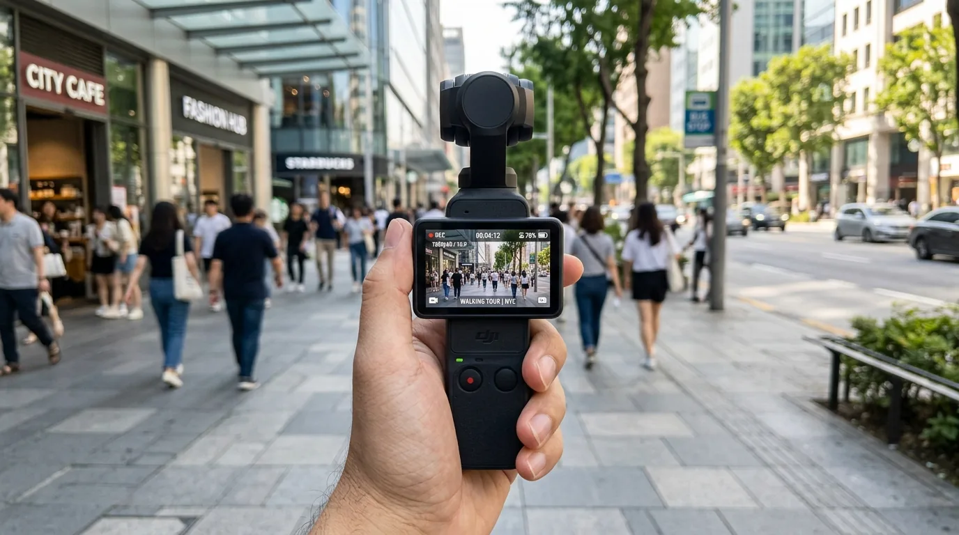 DJI Osmo Pocket 3 gravando vlog com estabilização mecânica de 3 eixos na cidade