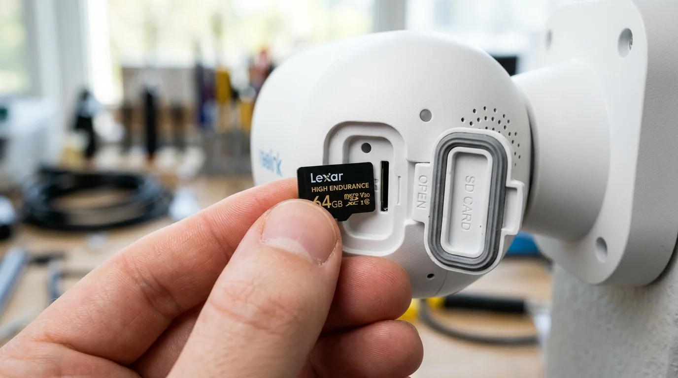 Instalação correta de cartão MicroSD na ranhura vedada de câmera de segurança externa