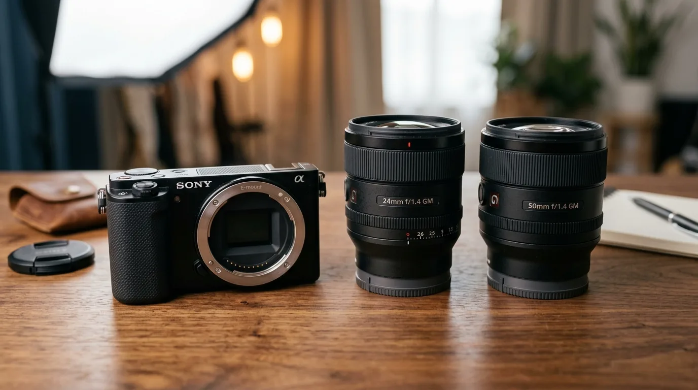 Corpo da câmera Sony ZV-E10 com baioneta E-mount e opções de lentes para desfoque de fundo